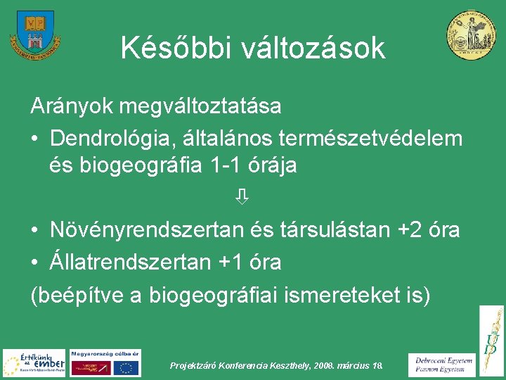 Későbbi változások Arányok megváltoztatása • Dendrológia, általános természetvédelem és biogeográfia 1 -1 órája •