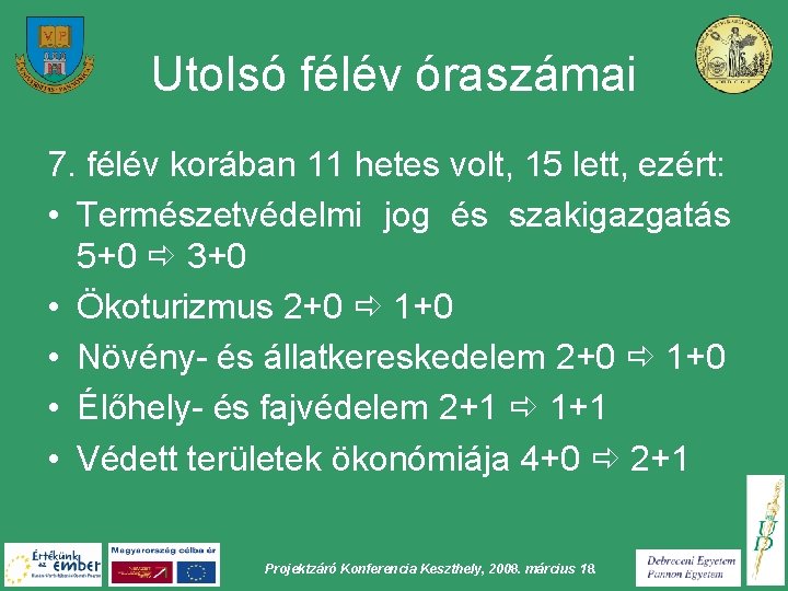 Utolsó félév óraszámai 7. félév korában 11 hetes volt, 15 lett, ezért: • Természetvédelmi