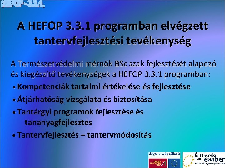 A HEFOP 3. 3. 1 programban elvégzett tantervfejlesztési tevékenység A Természetvédelmi mérnök BSc szak