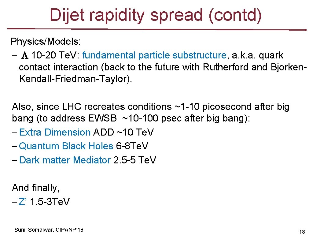 Dijet rapidity spread (contd) Physics/Models: – L 10 -20 Te. V: fundamental particle substructure,