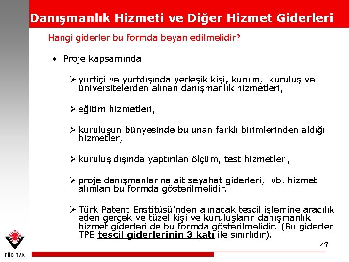 Danışmanlık Hizmeti ve Diğer Hizmet Giderleri Hangi giderler bu formda beyan edilmelidir? • Proje