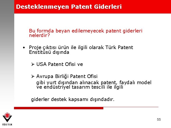 Desteklenmeyen Patent Giderleri Bu formda beyan edilemeyecek patent giderleri nelerdir? • Proje çıktısı ürün