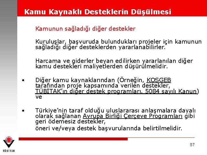 Kamu Kaynaklı Desteklerin Düşülmesi Kamunun sağladığı diğer destekler Kuruluşlar, başvuruda bulundukları projeler için kamunun