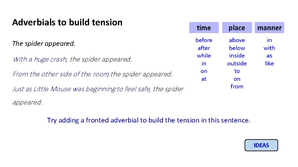 Adverbials to build tension The spider appeared. With a huge crash, the spider appeared.