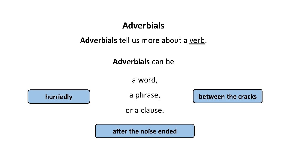 Adverbials tell us more about a verb. Adverbials can be a word, hurriedly a