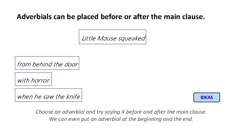 Adverbials can be placed before or after the main clause. Little Mouse squeaked from