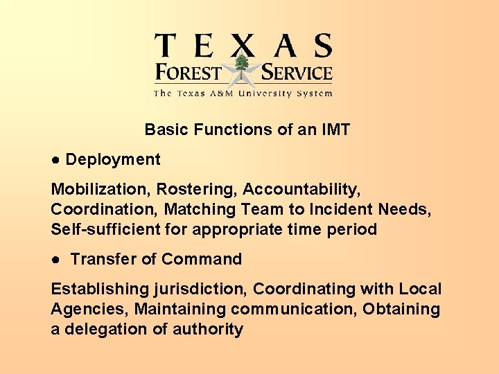 Basic Functions of an IMT ● Deployment Mobilization, Rostering, Accountability, Coordination, Matching Team to
