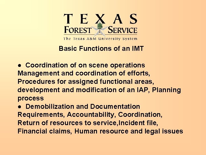 Basic Functions of an IMT ● Coordination of on scene operations Management and coordination