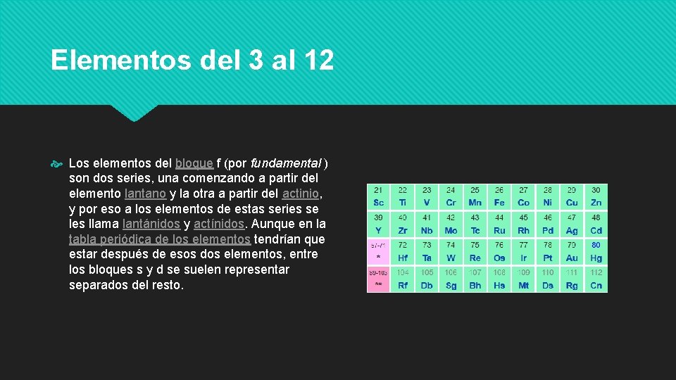 Elementos del 3 al 12 Los elementos del bloque f (por fundamental ) son