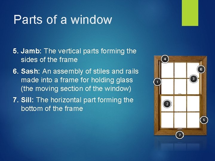 Parts of a window 5. Jamb: The vertical parts forming the sides of the