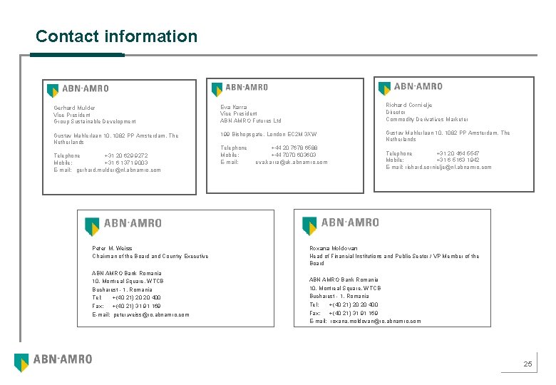Contact information Gerhard Mulder Vice President Group Sustainable Development Eva Karra Vice President ABN