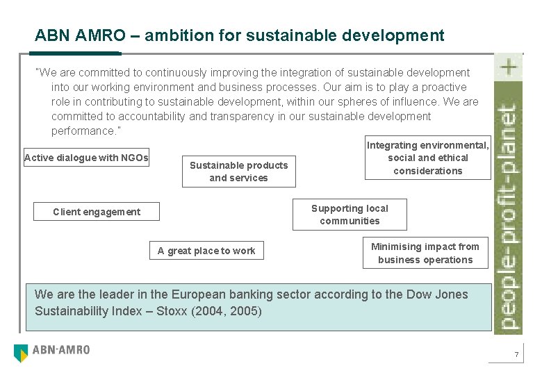 ABN AMRO – ambition for sustainable development “We are committed to continuously improving the