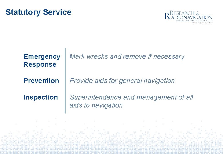 Statutory Service Emergency Response Mark wrecks and remove if necessary Prevention Provide aids for