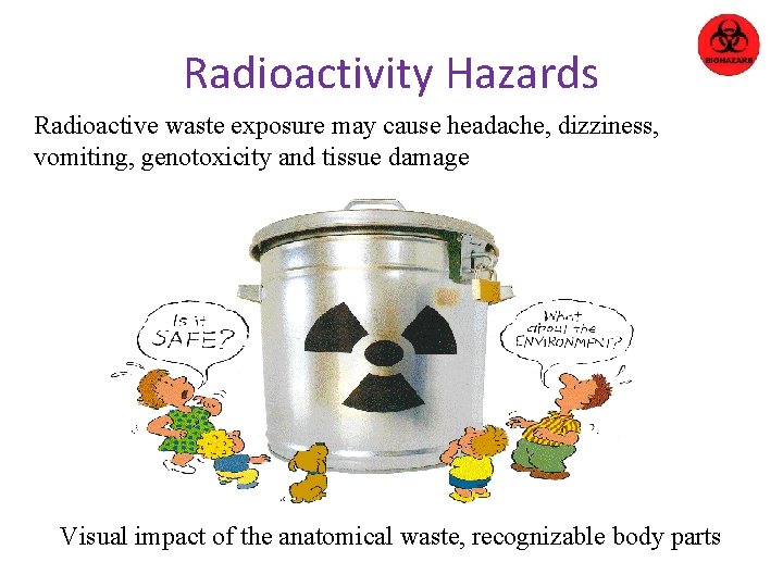 Radioactivity Hazards Radioactive waste exposure may cause headache, dizziness, vomiting, genotoxicity and tissue damage