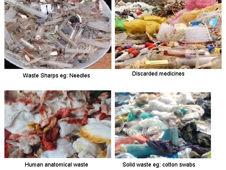 Waste Sharps eg: Needles Discarded medicines Human anatomical waste Solid waste eg: cotton swabs