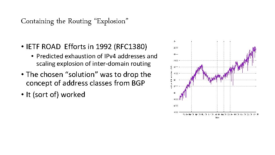 Containing the Routing “Explosion” • IETF ROAD Efforts in 1992 (RFC 1380) • Predicted