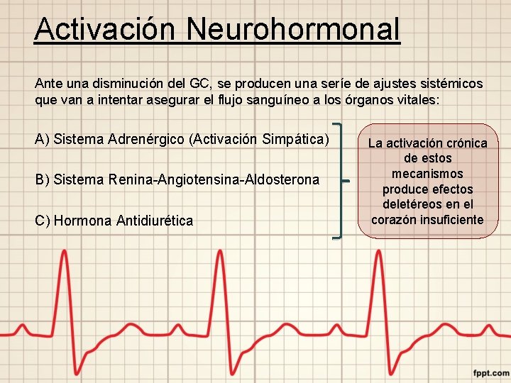 Activación Neurohormonal Ante una disminución del GC, se producen una seríe de ajustes sistémicos