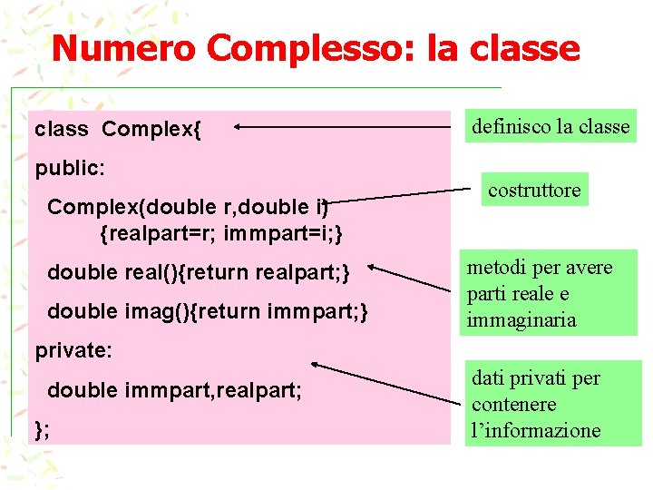 Numero Complesso: la classe class Complex{ public: Complex(double r, double i) {realpart=r; immpart=i; }