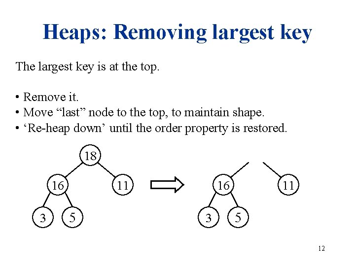 Heaps: Removing largest key The largest key is at the top. • Remove it.