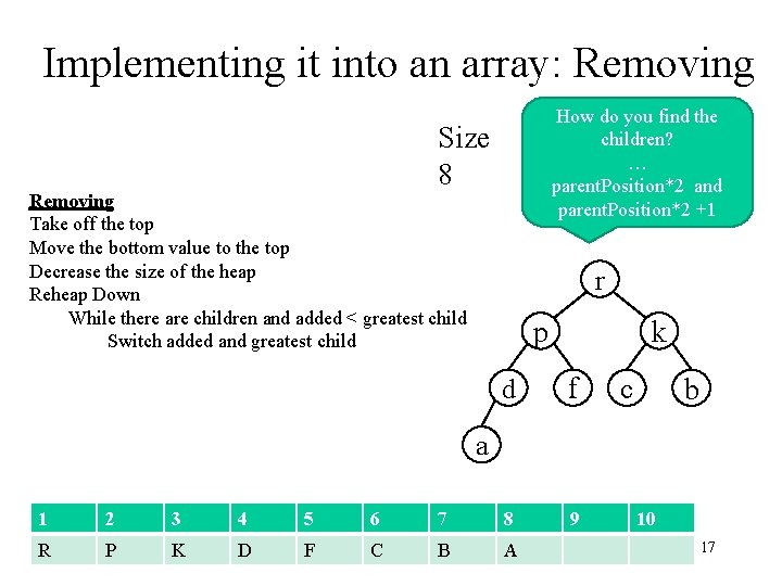 Implementing it into an array: Removing How do you find the children? … parent.
