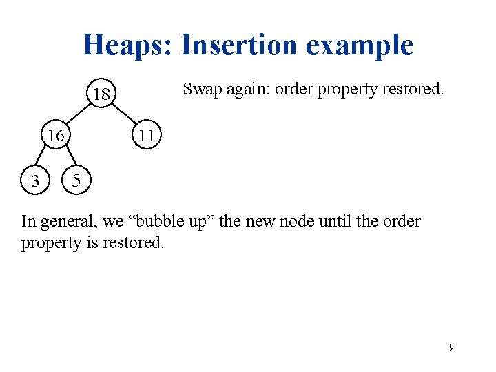 Heaps: Insertion example Swap again: order property restored. 18 16 3 11 5 In