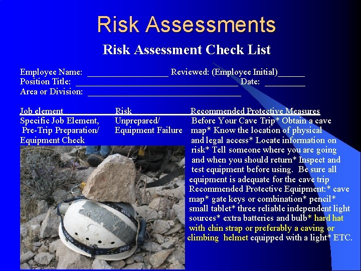 Risk Assessments Risk Assessment Check List Employee Name: _________ Reviewed: (Employee Initial)______ Position Title:
