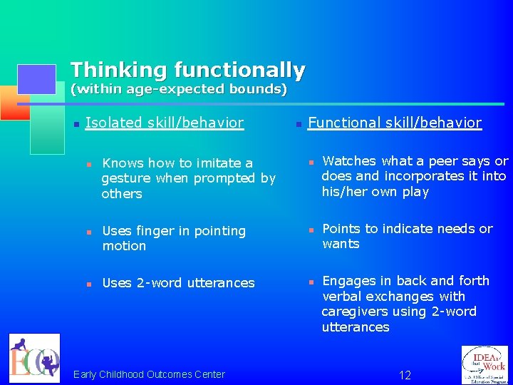 Thinking functionally (within age-expected bounds) n Isolated skill/behavior n n n Knows how to
