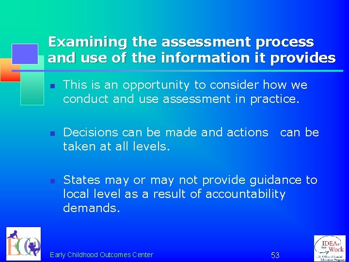 Examining the assessment process and use of the information it provides n n n