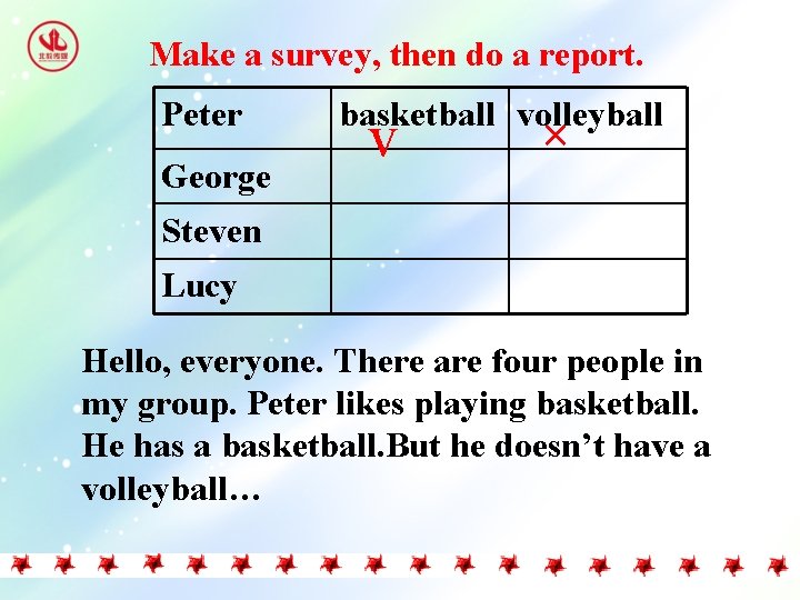 Make a survey, then do a report. Peter George basketball volleyball v × Steven