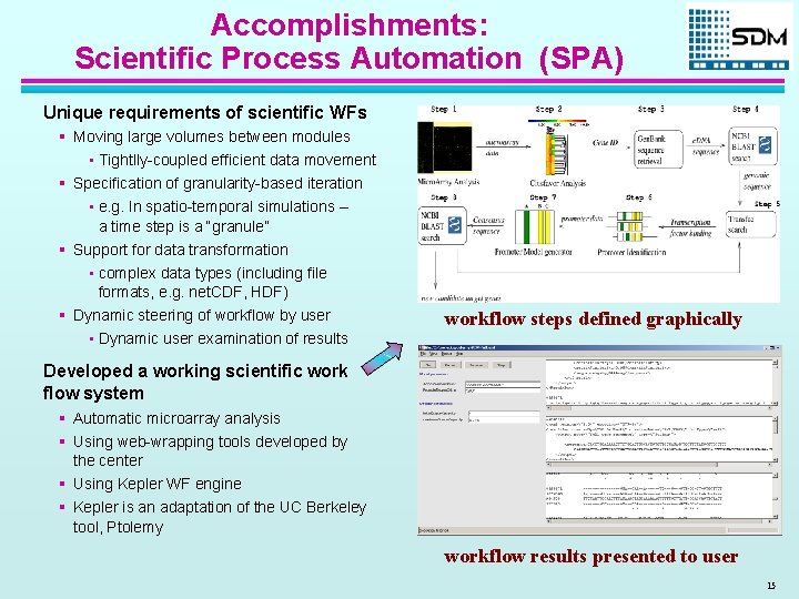 Accomplishments: Scientific Process Automation (SPA) Unique requirements of scientific WFs § Moving large volumes