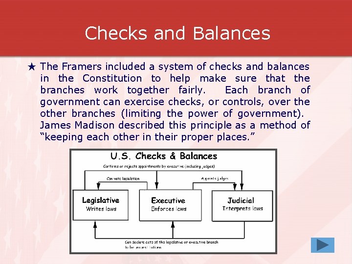 Checks and Balances ★ The Framers included a system of checks and balances in