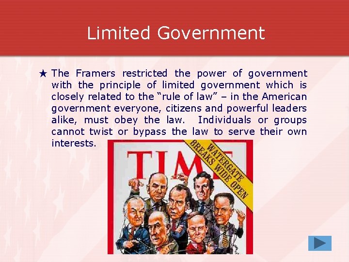 Limited Government ★ The Framers restricted the power of government with the principle of