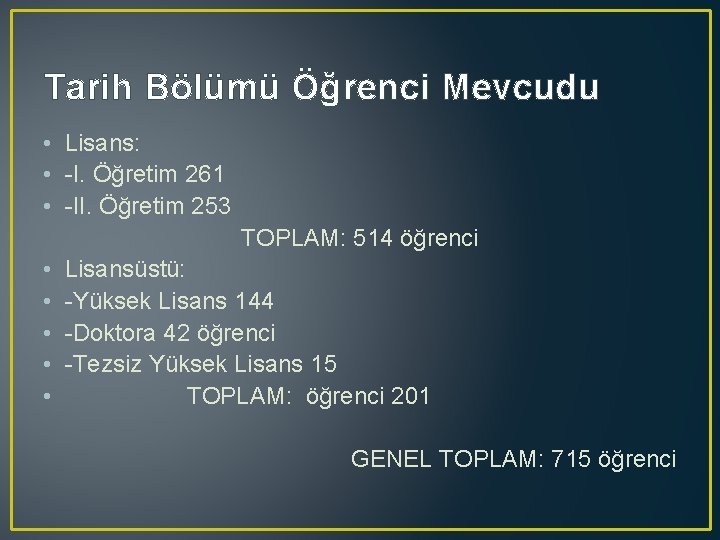 Tarih Bölümü Öğrenci Mevcudu • Lisans: • -I. Öğretim 261 • -II. Öğretim 253