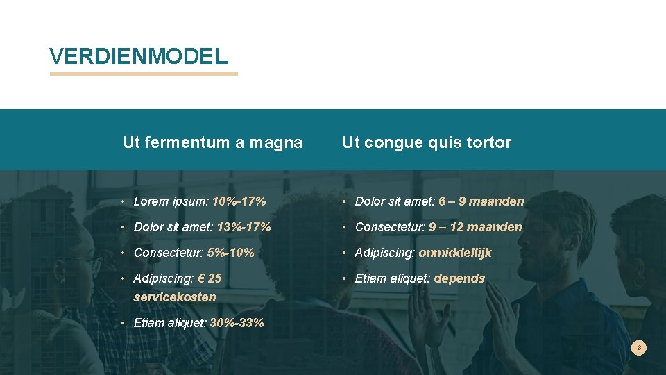 VERDIENMODEL Ut fermentum a magna Ut congue quis tortor • Lorem ipsum: 10%-17% •