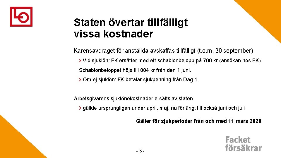 Staten övertar tillfälligt vissa kostnader Karensavdraget för anställda avskaffas tillfälligt (t. o. m. 30