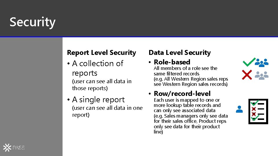 Security Report Level Security • A collection of reports (user can see all data
