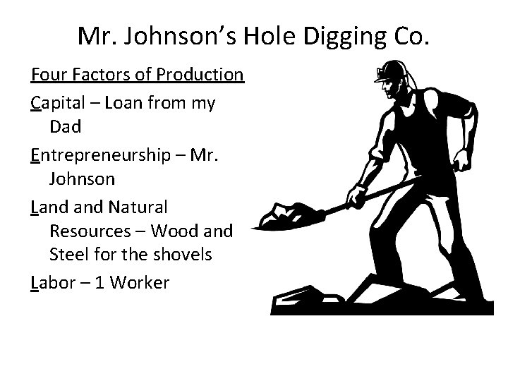Mr. Johnson’s Hole Digging Co. Four Factors of Production Capital – Loan from my