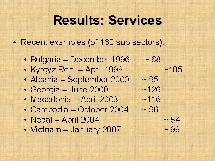 Results: Services • Recent examples (of 160 sub-sectors): • • Bulgaria – December 1996