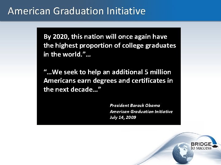 American Graduation Initiative By 2020, this nation will once again have the highest proportion