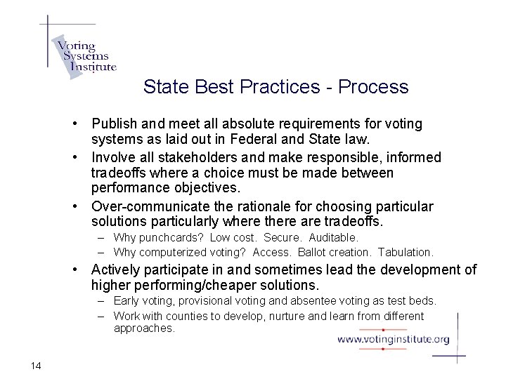 State Best Practices - Process • Publish and meet all absolute requirements for voting