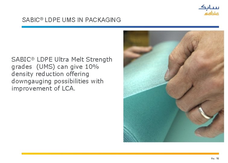 SABIC® LDPE UMS IN PACKAGING SABIC® LDPE Ultra Melt Strength grades (UMS) can give