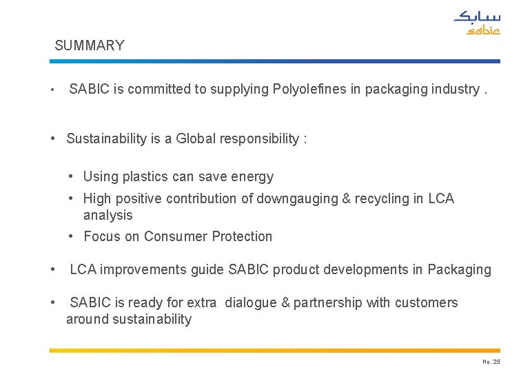 SUMMARY • SABIC is committed to supplying Polyolefines in packaging industry. • Sustainability is