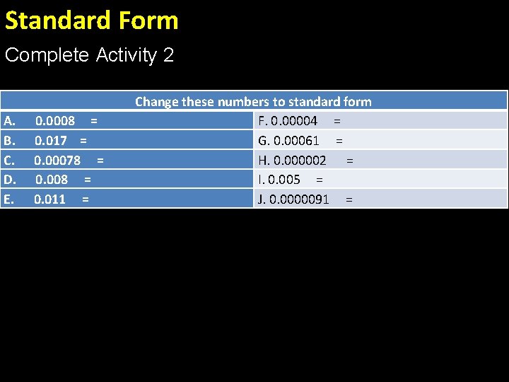 Standard Form Complete Activity 2 A. B. C. D. E. 0. 0008 = 0.