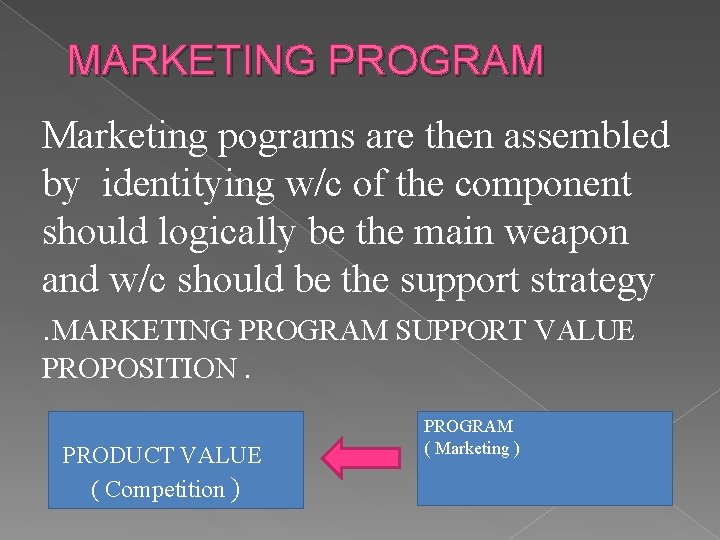 MARKETING PROGRAM Marketing pograms are then assembled by identitying w/c of the component should