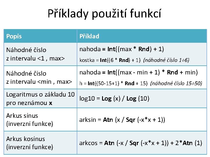 Příklady použití funkcí Popis Příklad Náhodné číslo z intervalu <1 , max> nahoda =