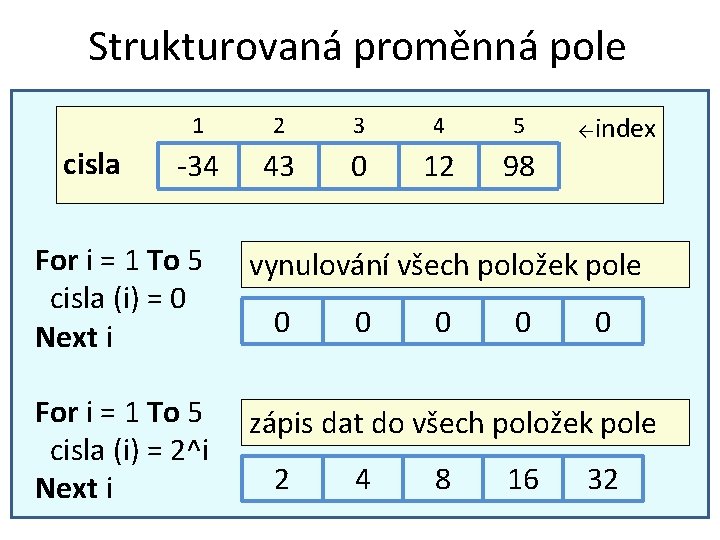 Strukturovaná proměnná pole cisla 1 2 3 4 5 -34 43 0 12 98