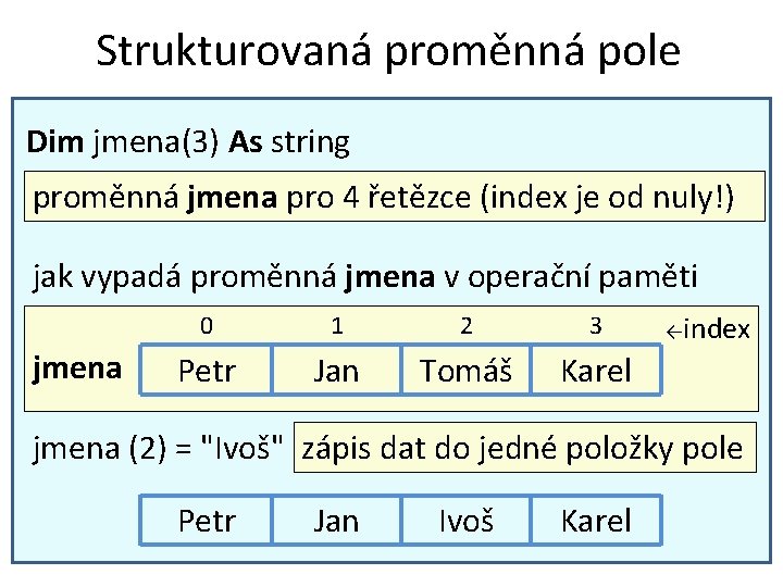 Strukturovaná proměnná pole Dim jmena(3) As string proměnná jmena pro 4 řetězce (index je