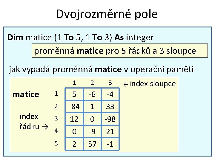 Dvojrozměrné pole Dim matice (1 To 5, 1 To 3) As integer proměnná matice