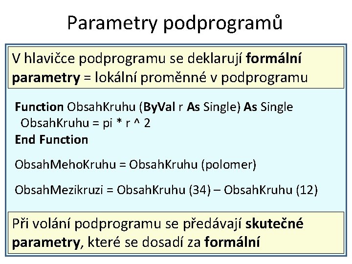 Parametry podprogramů V hlavičce podprogramu se deklarují formální parametry = lokální proměnné v podprogramu