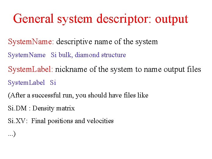 General system descriptor: output System. Name: descriptive name of the system System. Name Si